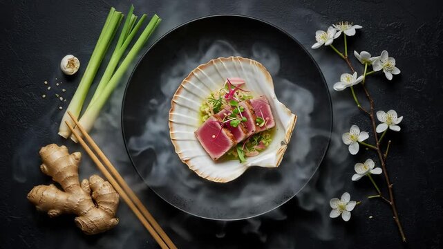 Seared tuna steak presented artistically in a seashell with lemon grass and ginger garnish.