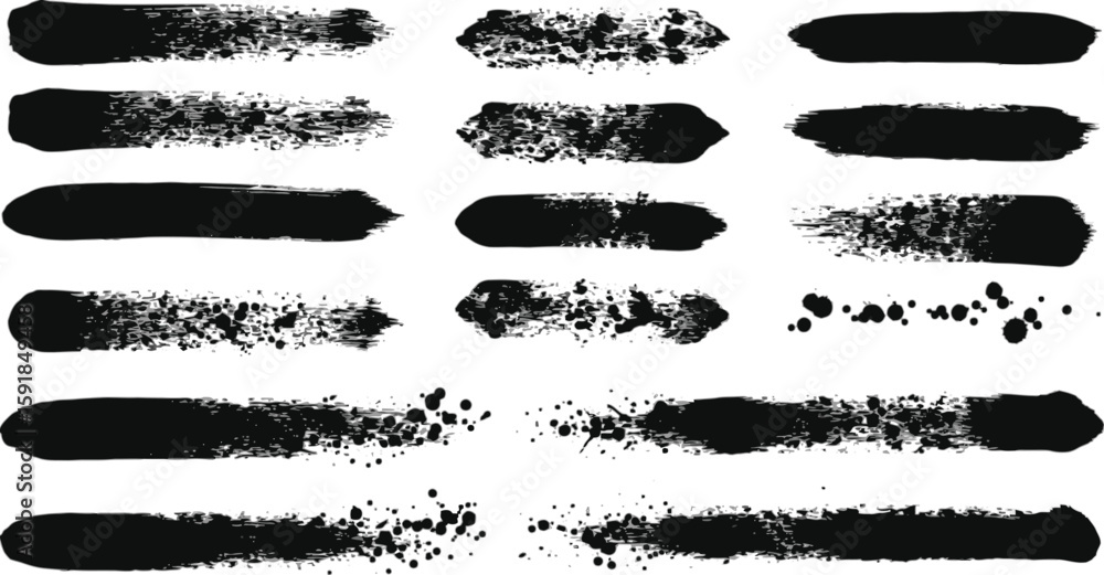 Poster vector art of collection of black ink brush strokes and splatters isolated on transparent background