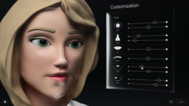 Video Game Interface Showing a Player Customizing a Female Avatar. User Selects Outfits, Spends Time on Customizing Facial Features, Hair Style and Color and Accessories in a Character Builder Menu