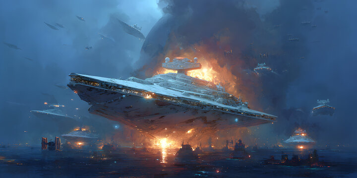 Star Destroyers and TIE Fighters Engage in Fiery Space Battle