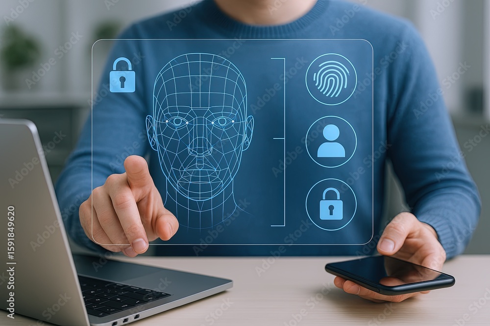 Poster modern digital biometric fingerprint recognition face scan security technology concept.