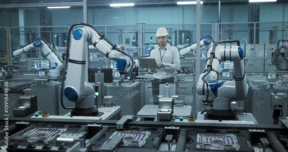 Poster electronics factory manager working on laptop at an industrial manufacture with robotic arms. specia