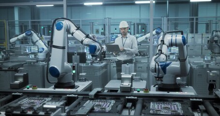 Electronics Factory Manager Working on Laptop at an Industrial Manufacture with Robotic Arms. Specialist Monitoring Data on a Computer, Checking and Planning Production Process - Powered by Adobe
