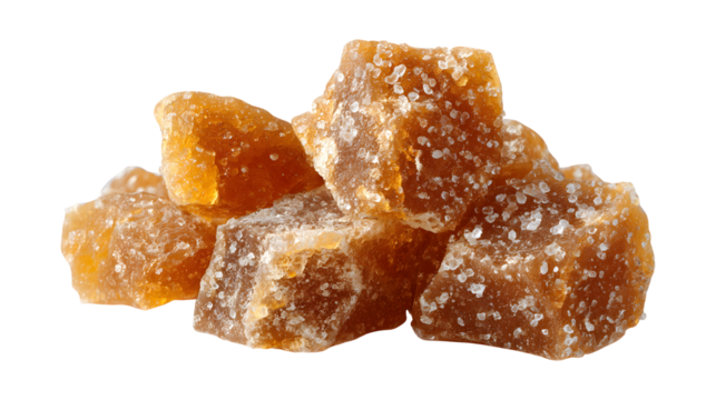 Close-up of a pile of brown sugar crystals  isolated on a white background