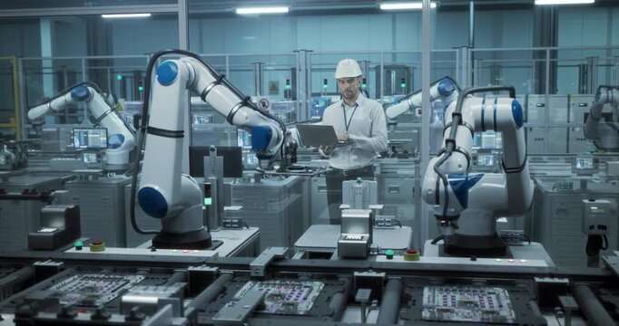 Electronics Factory Manager Working on Laptop at an Industrial Manufacture with Robotic Arms. Specialist Monitoring Data on a Computer, Checking and Planning Production Process