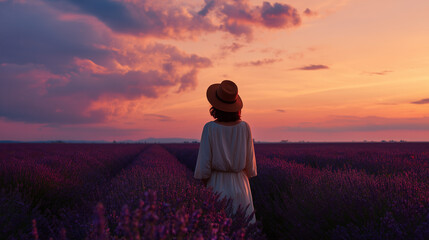 Woman Watching Sunset in Lavender Field Seeking Peace and Serenity