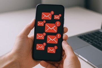 Close-up of a person's hand holding a smartphone displaying multiple red email notification icons on screen.