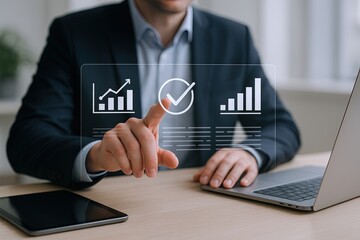 Business professional analyzing financial growth charts and data on transparent digital interface.