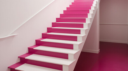 Interior design features pink and white staircase creating a vibrant and modern architectural element in residential setting, adding unique charm to the building's indoor space.