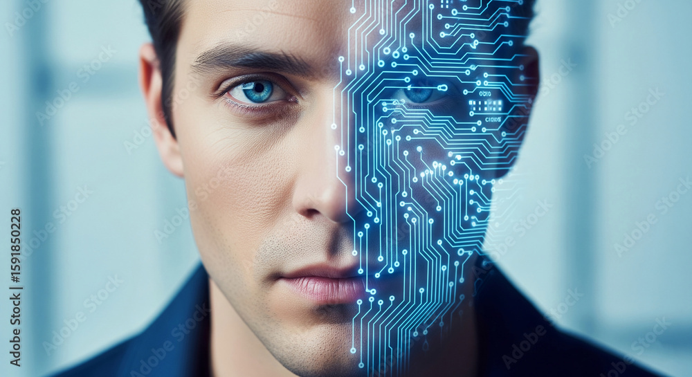 Fototapete close-up of half face merged with circuit board design, showcasing technology integration with human