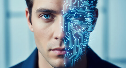 Close-up of half face merged with circuit board design, showcasing technology integration with human form, symbolizing artificial intelligence, future, digital transformation