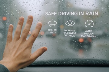 Hand reaching towards a rain-covered windshield with safety driving tips display.
