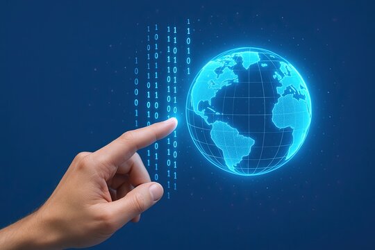 Hand Touching Digital Globe with Binary Code and Global Network Concept. - Powered by Adobe