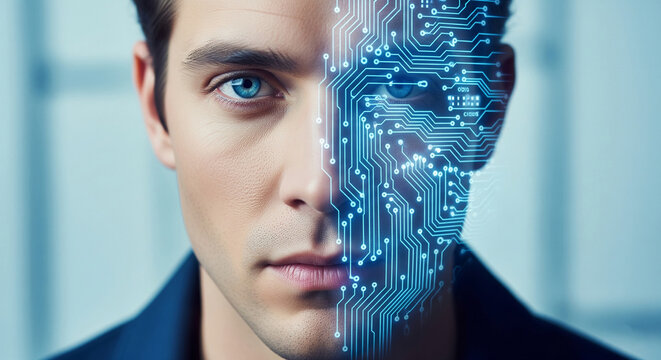 Close-up of half face merged with circuit board design, showcasing technology integration with human form, symbolizing artificial intelligence, future, digital transformation