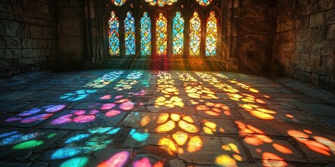 Bright sunlight shines through colorful stained glass window casting vivid red, orange, and yellow patterns on stone floor inside dark cathedral space. Generative by AI.