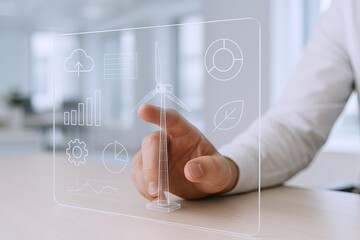 Futuristic transparent digital interface showing wind turbine data and analytics.
