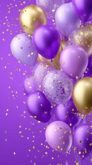 Colorful balloons and confetti create a festive atmosphere for celebrations and parties with a purple background
