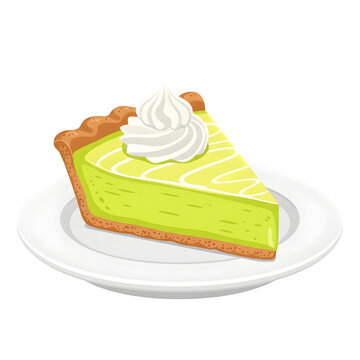 A slice of classic key lime pie, an American sweet cheesecake with cream on top, served on a plate. Flat vector illustration set against a white background.