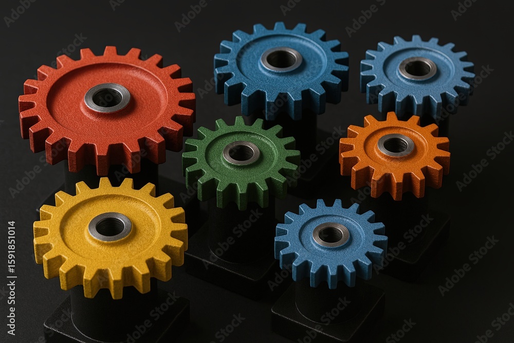 Poster colorful interlocking gears set with metal axles on black background for mechanical engineering.