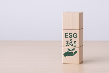 Eco friendly sustainability concept with wooden blocks representing environmental social and governance principles.