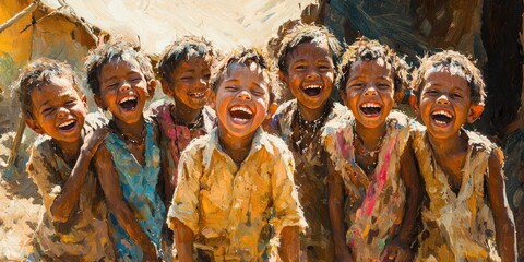 Smiling children in bright clothes laugh together outdoors in village setting with sunlight, trees, and huts in background. Generative by AI.