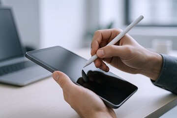 Close-up of a person using a stylus on a smartphone with a laptop in background.