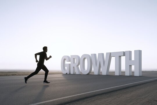 Silhouette of a Running Person Next to Large 3D Word Growth on Open Road Scene.