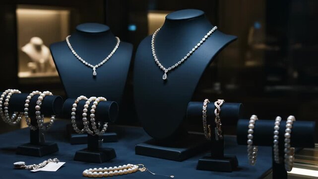 Elegant jewelry showcase displaying diamond necklaces and pearl bracelets in a luxury store.