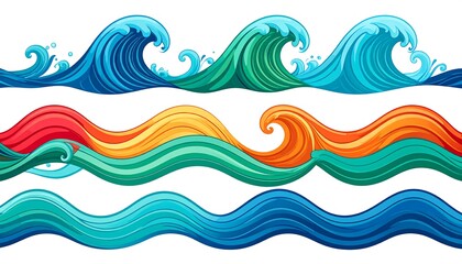 Colorful, stylized ocean waves in three horizontal rows