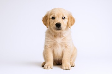 Fototapeta premium Adorable Golden Retriever puppy sitting on plain background with curious expression.