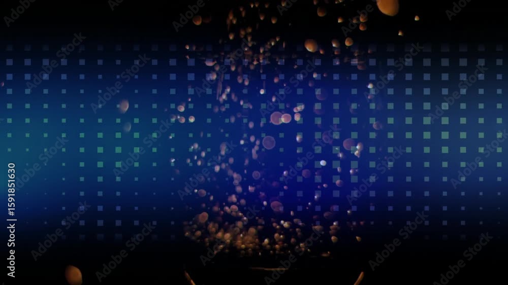 Poster bottom sphere appearing sending particle column rising, drifting outward fading over gradient grid