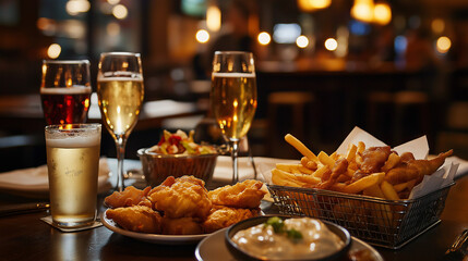 Fototapeta premium dinner banquet with prawns finger food portions on a table set with starters beers wines drinks 