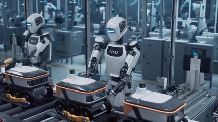 Intelligent Autonomous Robots Fabricate Delivery Bots on a Self-Assembly Line. Advanced Manufacturing Humanoid Robots Connect the Wheels in an Automated Smart Factory with Conveyor - Powered by Adobe