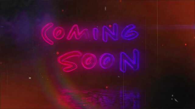 Dark haze frame initiating neon letters emerging center, forming COMING SOON announcing launch