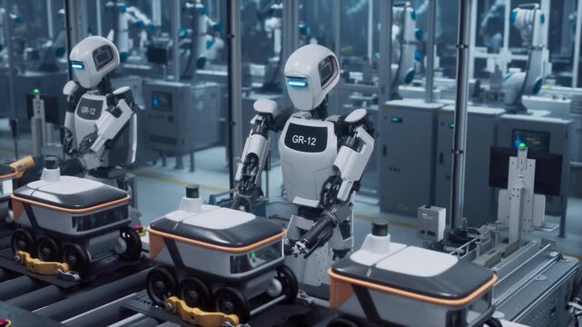 Intelligent Autonomous Robots Fabricate Delivery Bots on a Self-Assembly Line. Advanced Manufacturing Humanoid Robots Connect the Wheels in an Automated Smart Factory with Conveyor