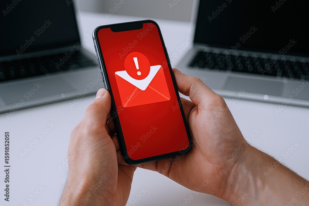 Poster close-up of a person holding a smartphone with a red warning alert icon on the screen.