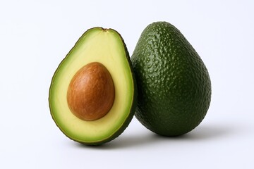 Fresh and ripe avocado half with seed next to whole avocado on white background.