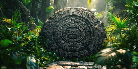 Round stone calendar carved with intricate symbols rests in lush jungle with sun filtering through foliage. Generative by AI.