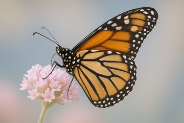 Fototapeta premium Close-up of Monarch butterfly perched on pink flower with delicate wings and detailed patterns.
