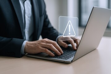Business Person Using Laptop With Digital Warning Alert Overlay in Modern Office.