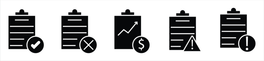 Business Report and Document Icons — Checklist, Finance, Risk, and Alert Line Symbols