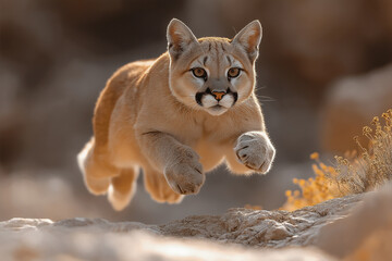 Puma wildlife photo of agile feline in nature, showcasing predator and animal jumping