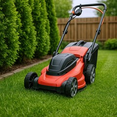 Fototapeta premium Red and black electric lawn mower on green grass with wooden fence and hedge background.