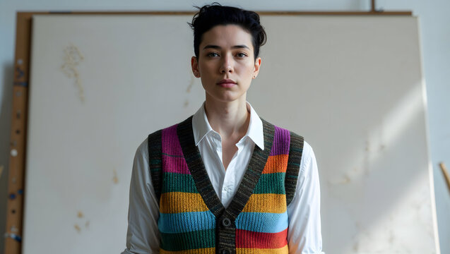 A non-binary artist wearing a multicolored knit vest over a white shirt, standing in front of a blank canvas, expression calm and poised, bright ambient lighting.

