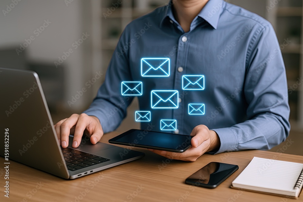 Poster businessman sending multiple email messages using laptop and smartphone in office environment.