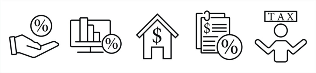 Finance and Tax Icons — Interest, Mortgage, Percentage, Report, and Taxpayer Symbols