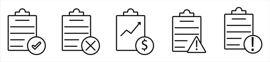 Business Report and Document Icons — Checklist, Finance, Risk, and Alert Line Symbols