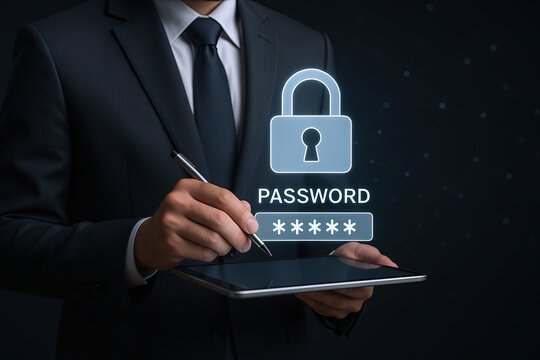 Businessman in suit holding digital tablet with glowing padlock and password icon. - Powered by Adobe