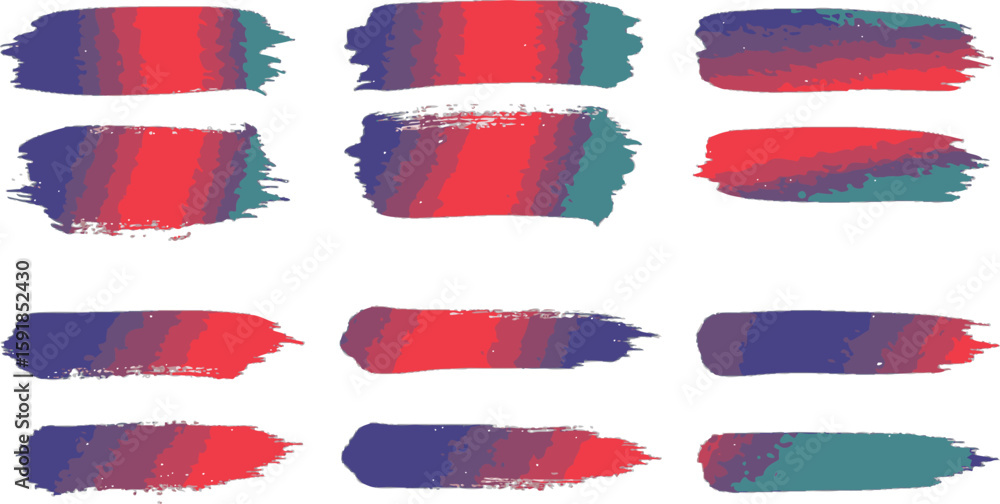 Poster vector art of set of twelve colorful brush stroke designs isolated on transparent background, ideal 