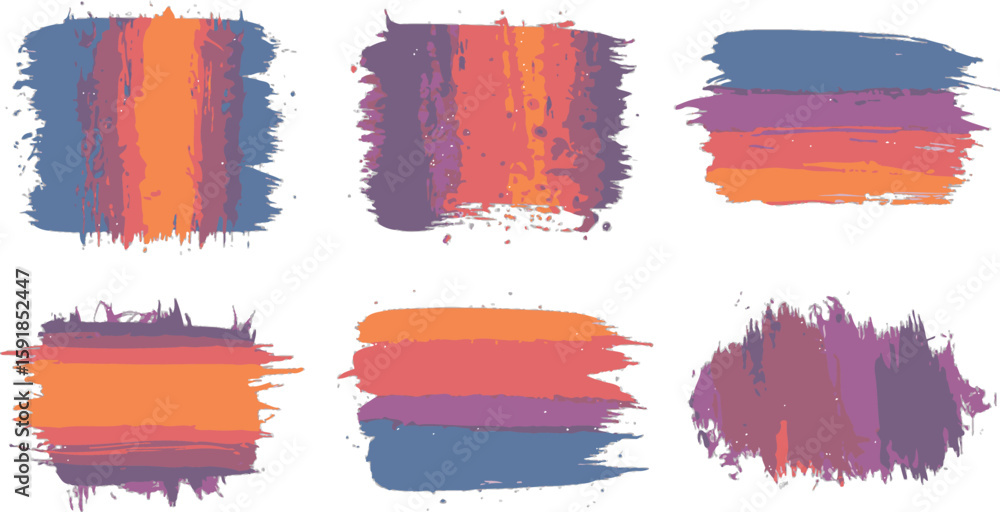 Poster vector art of collection of six colorful brush stroke designs isolated on transparent background, pe